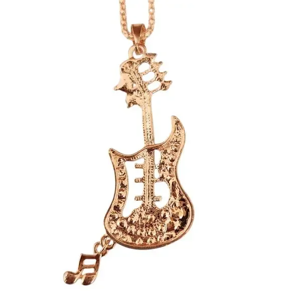 BETSEY JOHNSON bling statement chain Guitar crystal pearl necklace rose gold NEW - Picture 2 of 5